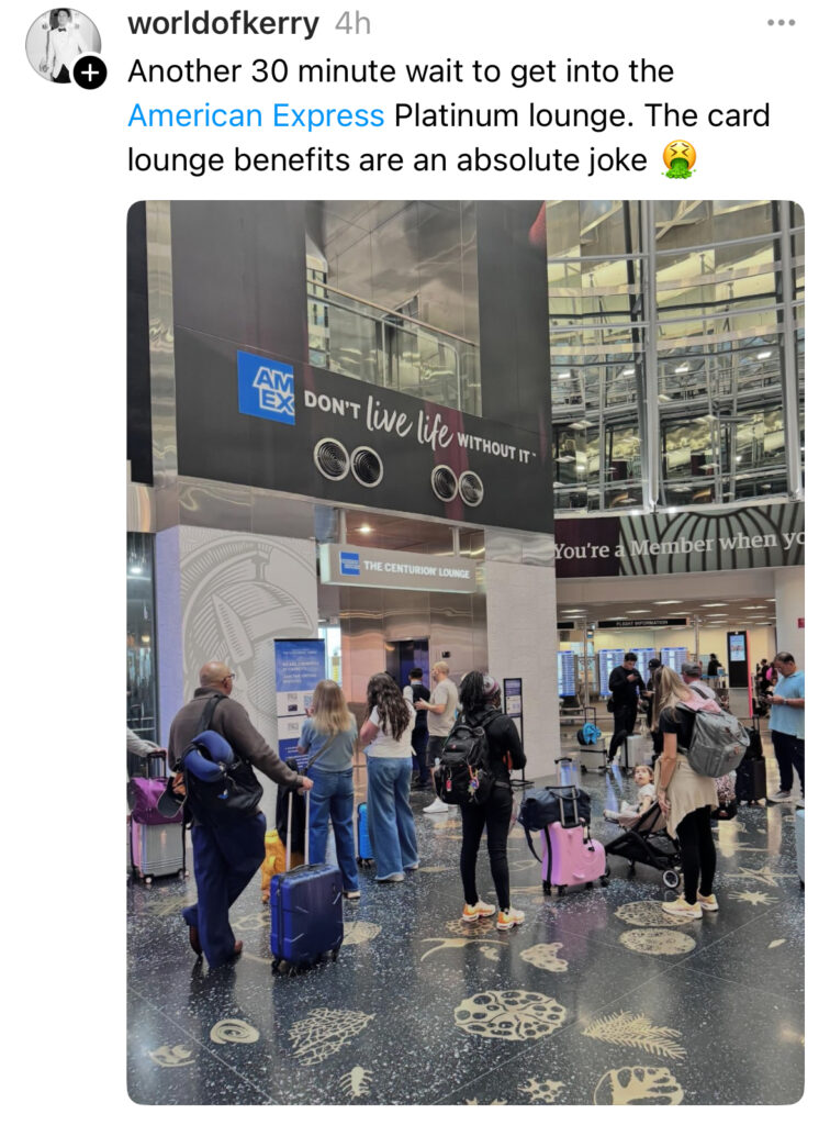 A person complaining about the wait times for the AMEX Centurion Lounge